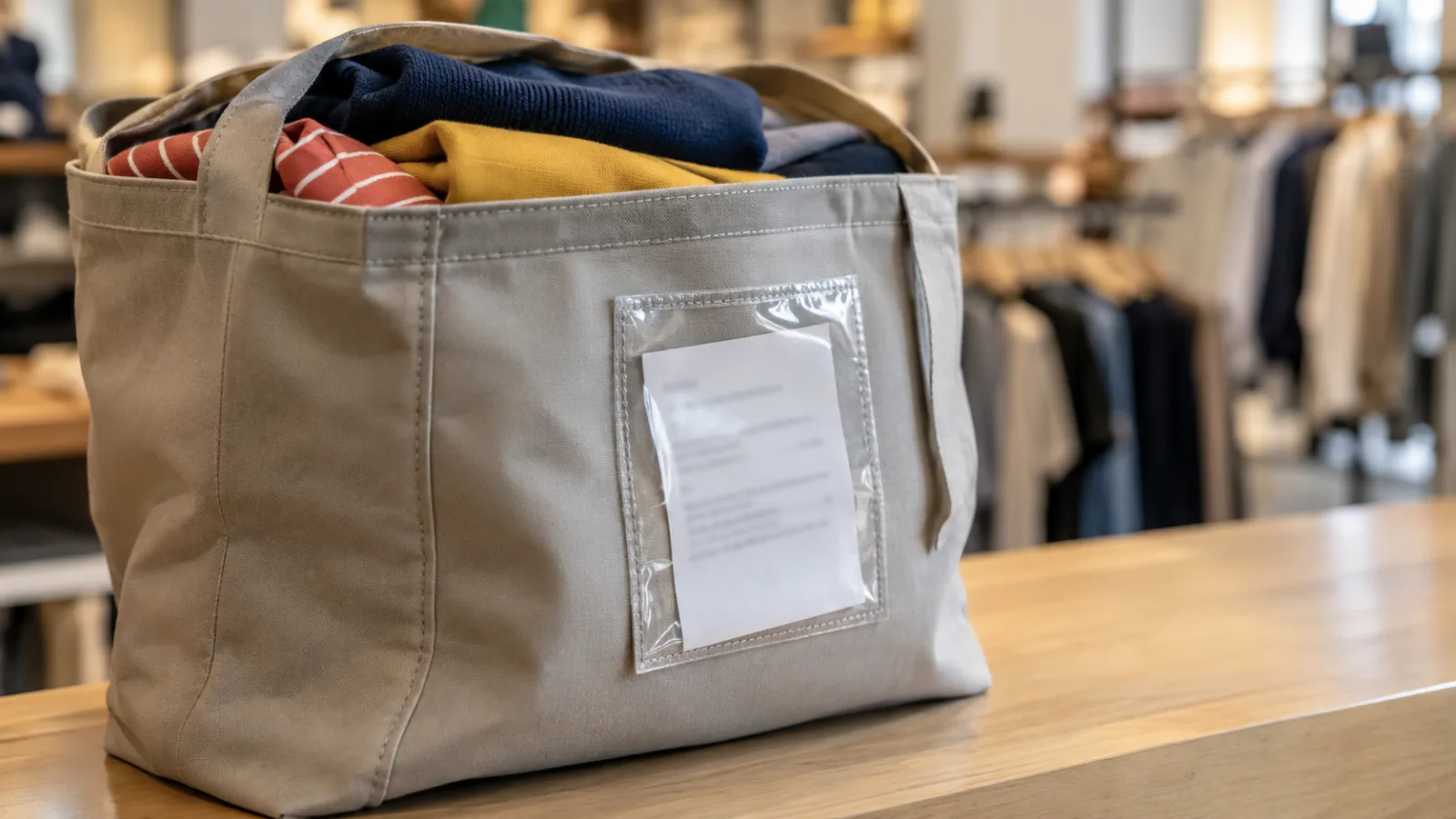 Bolsa de tecido usada para venda condicional, com um comprovante de papel dentro de um bolso transparente costurado na frente