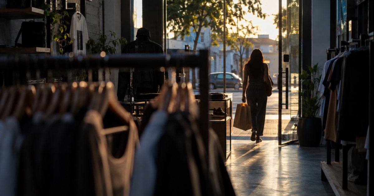 Cliente saindo de uma loja de roupas no fim da tarde, carregando uma sacola de papel