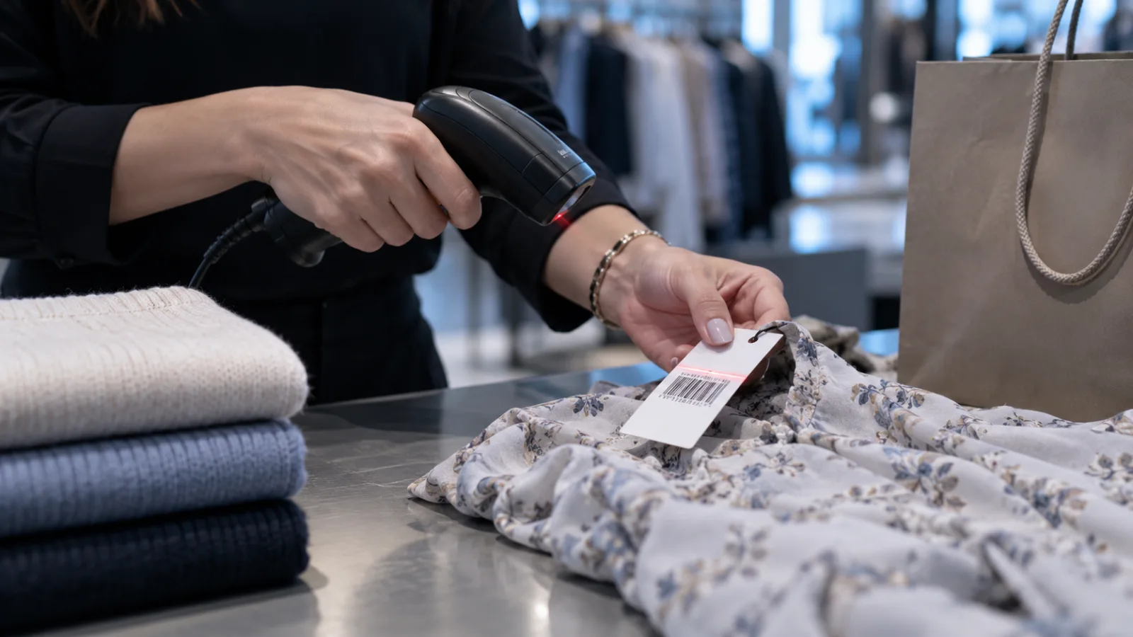 Vendedora bipando a etiqueta de código de barras de uma blusa no balcão da loja
